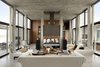 Modern home with Living Room, Bench, Chair, Sofa, Coffee Tables, Ceiling Lighting, Concrete Floor, and Two-Sided Fireplace. Living Room Photo 5 of La Boyita