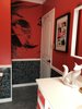 Modern home with Bath Room. Painted my wife on the wall in one of the bathrooms. The bottom third of the wall is a vintage wallpaper that my wife bought more than 10 years ago before we even had anywhere to put it. I decided to pour epoxy resin and adhere it to clear acrylic sheets, which I cut to fit the wall. Now it looks like glass! Photo 4 of The Roaches world