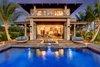 Modern home with Outdoor, Large Patio, Porch, Deck, Walkways, Large Pools, Tubs, Shower, Landscape Lighting, Salt Water Pools, Tubs, Shower, Vertical Fences, Wall, Hanging Lighting, Tile Patio, Porch, Deck, Trees, Back Yard, Wood Fences, Wall, and Flowers. Modern Beach House Photo of Maui Beachfront Villa