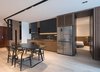 Modern home with Kitchen, Drop In Sink, Light Hardwood Floor, Wood Cabinet, Ceiling Lighting, Engineered Quartz Counter, Stone Slab Backsplashe, and Refrigerator. Kitchen & Dining Photo 4 of A.D02