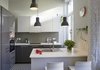 Modern home with Kitchen, Subway Tile Backsplashe, Cooktops, Laminate Cabinet, Ceramic Tile Floor, Laminate Counter, Refrigerator, Ceiling Lighting, Wall Oven, and Drop In Sink. After: kitchen Photo of Young and Fresh Apartment Renovation - Brussels