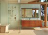 Modern home with Bath Room, Glass Tile Wall, Ceiling Lighting, Engineered Quartz Counter, Full Shower, Porcelain Tile Floor, Freestanding Tub, One Piece Toilet, and Undermount Sink. Master Bath with glass tile wall and sapele-wood suspended vanity Photo 12 of DESCHUTES House