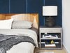 Modern home with Bedroom, Night Stands, Table Lighting, Bed, Light Hardwood Floor, Shelves, and Lamps. Hague Blue wall panels in master bedroom Photo 9 of Seaholm Custom Condo