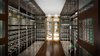Modern home with Kitchen, Wine Cooler, Beverage Center, Ceiling Lighting, Dark Hardwood Floor, and Recessed Lighting. Wine Cellar in lobby of our Magnificent Cantilever Home Photo 13 of Magnificent Cantilever Home For Ocean View Living