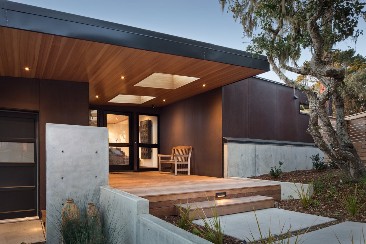 Rich wood provides a warm welcome to this contemporary home.