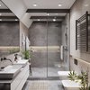 Modern home with Bath Room, Ceramic Tile Wall, Ceramic Tile Floor, Open Shower, Vessel Sink, Ceiling Lighting, Tile Counter, Stone Tile Wall, and One Piece Toilet. Two rectangle vessel sinks sit side-by-side across from two one-piece toilets in this bathroom, an absolute oasis of natural materials. Photo 10 of T-HOUSE in Ukraine