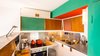 Modern home with Kitchen, Medium Hardwood Floor, Cooktops, Metal Counter, Laminate Counter, Wood Cabinet, Accent Lighting, Drop In Sink, Colorful Cabinet, White Cabinet, Wall Lighting, and Metal Backsplashe. Rebuilt Kitchen in 2017 Photo 4 of Corbusier Re-Renovation Berlin