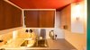 Modern home with Kitchen, Medium Hardwood Floor, Cooktops, Refrigerator, Colorful Cabinet, Metal Backsplashe, White Cabinet, Accent Lighting, Wood Cabinet, Wall Lighting, Laminate Counter, and Drop In Sink. Rebuilt Kitchen 2017 Photo 6 of Corbusier Re-Renovation Berlin