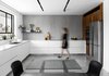 Modern home with Kitchen, White Cabinet, Dishwasher, Cooktops, Engineered Quartz Counter, Wall Oven, Ceiling Lighting, Refrigerator, Undermount Sink, Microwave, Porcelain Tile Backsplashe, Wood Cabinet, and Porcelain Tile Floor. Kitchen Photo 9 of MG House