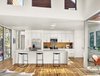 Modern home with Kitchen, Wood Cabinet, Engineered Quartz Counter, Microwave, Range, White Cabinet, Undermount Sink, Dishwasher, Recessed Lighting, Wall Lighting, Ceiling Lighting, Wood Backsplashe, Refrigerator, Rug Floor, and Medium Hardwood Floor. View of kitchen, outdoor porch, and roof deck above by Low Design Office Photo 5 of Guadalupe River House