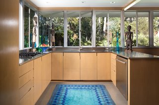 Barry Milofsky of M2A, Milofsky & Michali Architects designed the kitchen cabinetry to follow Soriano's style. He even included a recessed drawer pull that was specially-designed by Soriano for the Lukens House. The stainless-steel countertops are similar to ones Richard Neutra, Soriano's teacher, used in many of the homes he designed.