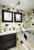 Modern home with Bath Room, Engineered Quartz Counter, Ceramic Tile Wall, Ceramic Tile Floor, Recessed Lighting, Drop In Sink, Ceiling Lighting, One Piece Toilet, and Corner Shower. Hexagonal tiles for a masculine bathroom Photo 3 of remodelled duplex in a contemporary style