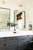 Modern home with Bath Room, Ceramic Tile Wall, Drop In Sink, Corner Shower, Enclosed Shower, Wall Lighting, One Piece Toilet, Engineered Quartz Counter, Porcelain Tile Floor, and Subway Tile Wall. Master bathroom dual vanity Photo 6 of Brand New Renovation, Designer Furnishings Near Laguna Main Beach & Village
