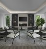 Modern home with Living Room, Ceiling Lighting, Coffee Tables, Sofa, Light Hardwood Floor, Chair, and Recessed Lighting. The spacious great room in this Franklin home, completed in 2017, is open to the kitchen and features a linear fireplace on a floating honed limestone hearth, supported by hidden steel brackets, extending the full width between the two floor to ceiling windows. The custom oak shelving forms a display case with individual lights for each section allowing the homeowners to showcase favorite art objects. The ceiling features a step and hidden LED cove lighting to provide a visual separation for this area from the adjacent kitchen and informal dining areas. The rug and furniture were selected by the homeowners for everyday comfort as this is the main TV watching and hangout room in the home. A casual dining area provides seating for 6 or more and can also function as a game table. In the background is the 3 seasons room accessed by a floor-to-ceiling sliding door that opens 2/3 to provide easy flow for entertaining. Photo 13 of Contemporary Michigan Lake Home
