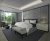 Modern home with Bedroom, Table Lighting, Chair, Ceiling Lighting, Bed, Light Hardwood Floor, Recessed Lighting, Night Stands, and Bench. The contemporary master suite features a standout custom upholstered headboard with wood headboard frame and upholstered bed frame. The owners of this Franklin home, completed in 2017, also installed blind pockets, to allow them to darken the room with blackout shades when needed, that also conceal sheer custom drapery that showcases the lake views from full floor to ceiling windows while also softening the look and feel of the room. The cove ceiling includes hidden LED lighting which adds architectural detail and function. The intimate sitting area in front of the floor to ceiling windows gives an added warmth to the room while the wide plank French oak floors in a neutral palate allow the elements of this room to really shine. Photo 5 of Contemporary Michigan Lake Home