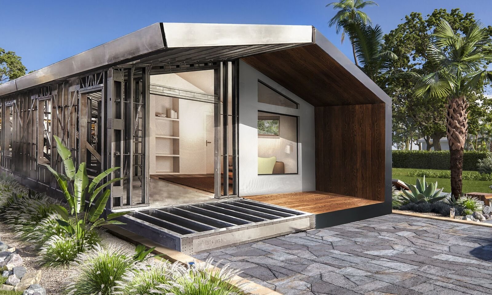 Steel Homes, a Florida–based modular home company, faces a unique problem: how to design and build a modular home that can withstand the frequent hurricanes the state sees. That’s why these modular homes under $100K use light-gauge steel. The high strength-to-weight ratio maximizes building design flexibility and provides rigid structural integrity. Modular home prices in Florida are comparatively cheaper than in markets like California, New England, and D.C. At 1,010 square feet, the Tulip is Steel Homes’ smallest model, with a price tag right around $80,000.