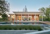 Sustainable strategies were reflected early in the planning stages of the residence. Instead of demolishing the original house, Malcolm Davis and the homeowners opted to carefully dismantle the home in order to salvage lumber and other materials, some of which were repurposed into the final home. Photo of Modern-Day California Ranch House modern home