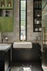 Modern home with Kitchen, Dark Hardwood Floor, Concrete Counter, Refrigerator, Accent Lighting, Dishwasher, Pendant Lighting, Wood Cabinet, Colorful Cabinet, Recessed Lighting, Concrete Backsplashe, Undermount Sink, Ceiling Lighting, and Open Cabinet. Kitchen Sink Detail Photo 5 of 400 SOLA