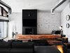 Modern home with Living Room, Vinyl Floor, Bench, Wood Burning Fireplace, Sectional, and Recessed Lighting. Whitewashed brick wall, Maple butcher block bench/hearth, Fenix & Steel fireplace by Lignum Cabinets Photo of Waterfall House