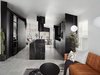 Modern home with Kitchen, Laminate Cabinet, Microwave, Beverage Center, Porcelain Tile Floor, Undermount Sink, Marble Counter, Pendant Lighting, Refrigerator, Recessed Lighting, Range Hood, and Cooktops. “We removed all the walls and defined the kitchen in the open space with black finishes,” says designer Anthony W Designs. Details's all-black kitchen features a 16-foot-long marble counter and cabinetry by Lignum Cabinets. Photo of Details