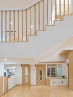 The teachers' room is tucked below the staircase.