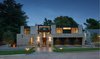 Modern home with Exterior, House Building Type, Flat RoofLine, Stucco Siding Material, and Stone Siding Material. Front view, dusk Photo of MM31