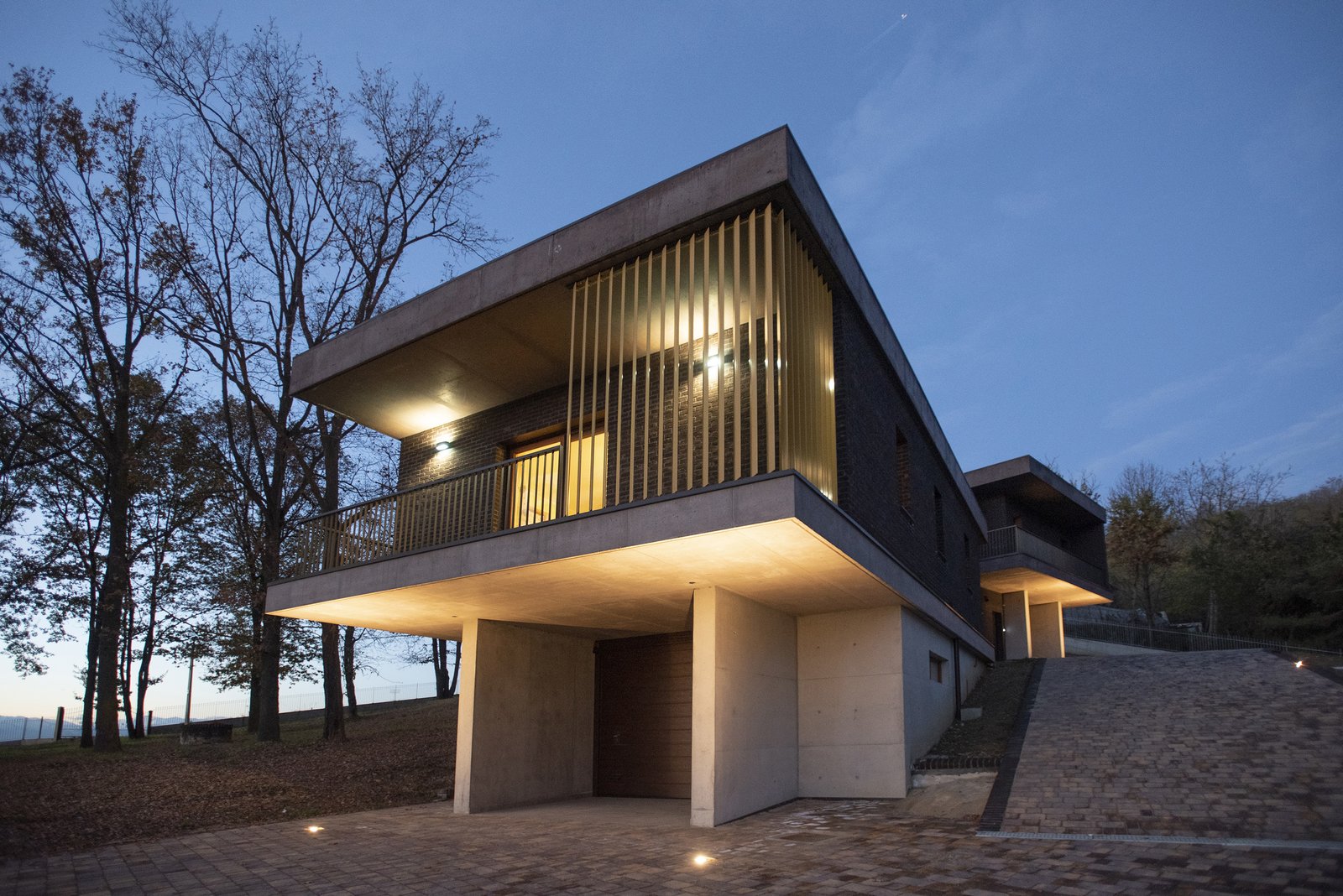 Main exterior view at sunset