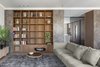 Modern home with Living Room, Bookcase, Sofa, Coffee Tables, Ceiling Lighting, and Medium Hardwood Floor. The custom made library Photo 3 of House A326