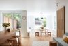 Modern home with Dining Room, Chair, Ceiling Lighting, Bench, Table, Light Hardwood Floor, and Pendant Lighting. The Living Space: Custom kitchen island and sliding doors were designed to reflect the family's Asian American background. Photo 2 of The New Old