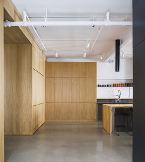 Vast white oak joinery separates the public and private spaces and offers plenty of concealed storage.