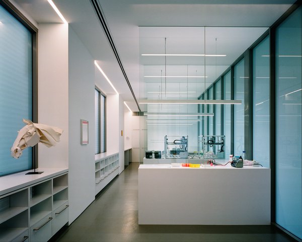 The equine genetics laboratory occupies the southwest corner of the lower floor. It has its own bathroom and small kitchen so that it can operate independently from the home. The three workstations—each with a Corian surface—are separated by glass screens to prevent cross-contamination of samples being tested.