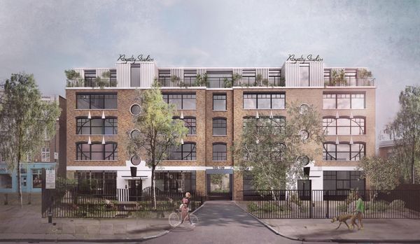 A rendering of Royalty Studios in Notting Hill by Mike McMahon Studios, which is a refurbishment and renovation of a 1980s office building. The architects have added a "contemporary crown