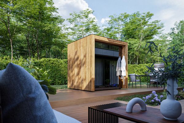 Thermasol Fortis is an elegant outdoor sauna with timber cladding and glass front that creates a contemporary take on the classic sauna typology.