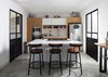 Modern home with Kitchen, Mosaic Tile Backsplashe, Refrigerator, Concrete Floor, Wall Oven, Beverage Center, Wood Cabinet, Drop In Sink, Ceiling Lighting, Microwave, and Brick Backsplashe. Kitchen Photo 5 of Pia Residence