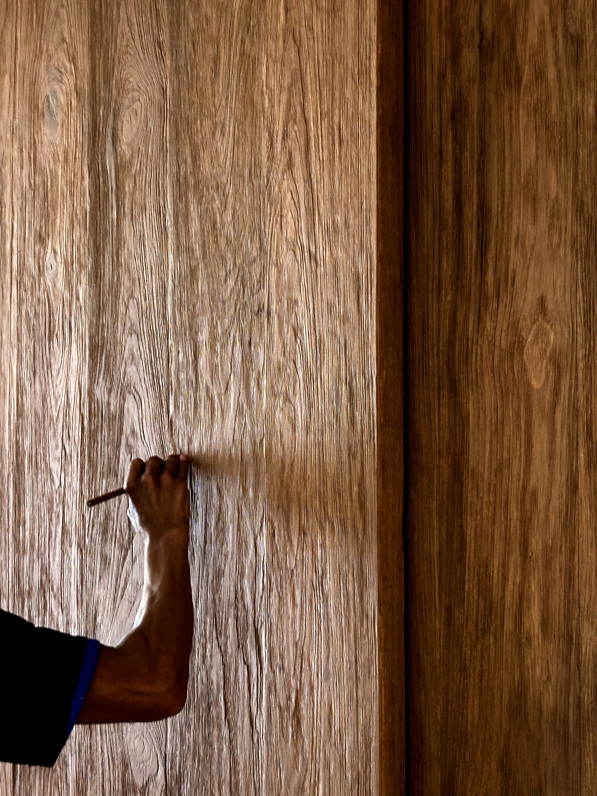 The patterns of the antique teak door panels were drawn over to emphasise their grains. 