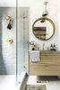 Modern home with Bath Room, Concrete Counter, Concrete Floor, Vessel Sink, Subway Tile Wall, Pendant Lighting, and Open Shower. guest bathroom with my favorite tile & custom vanity cabinets made by our friend Photo 5 of Bonny Doon Forest Temple
