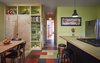 Modern home with Kitchen, Ceiling Lighting, Wood Counter, Open Cabinet, Refrigerator, Linoleum Floor, Range, and Wood Cabinet. Kitchen. Photo 7 of Drake House