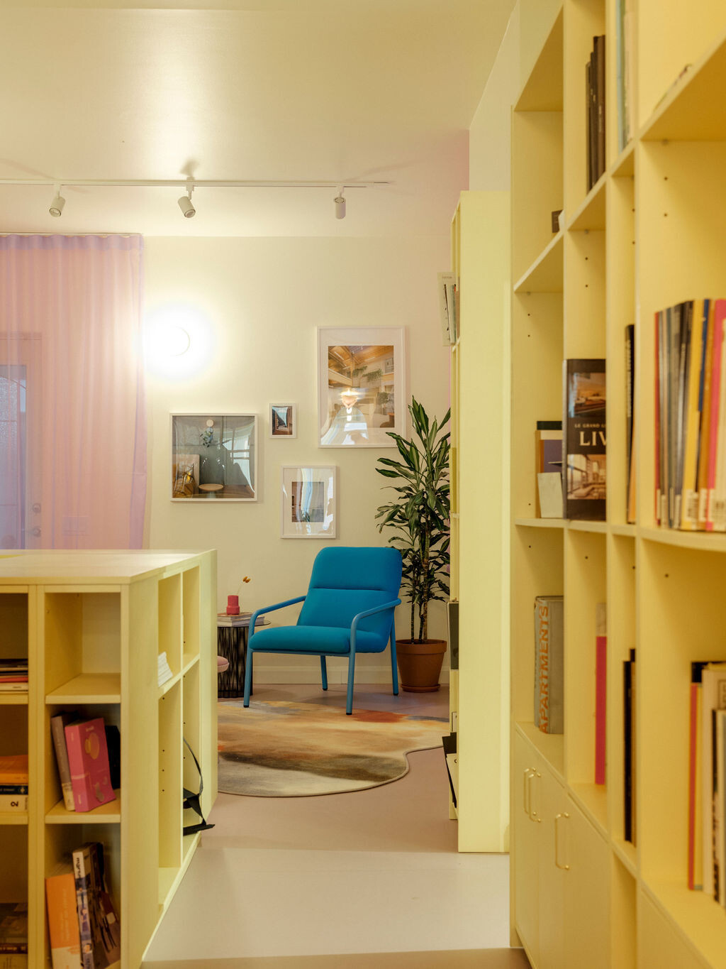 The office features ample storage for books and reference materials. 