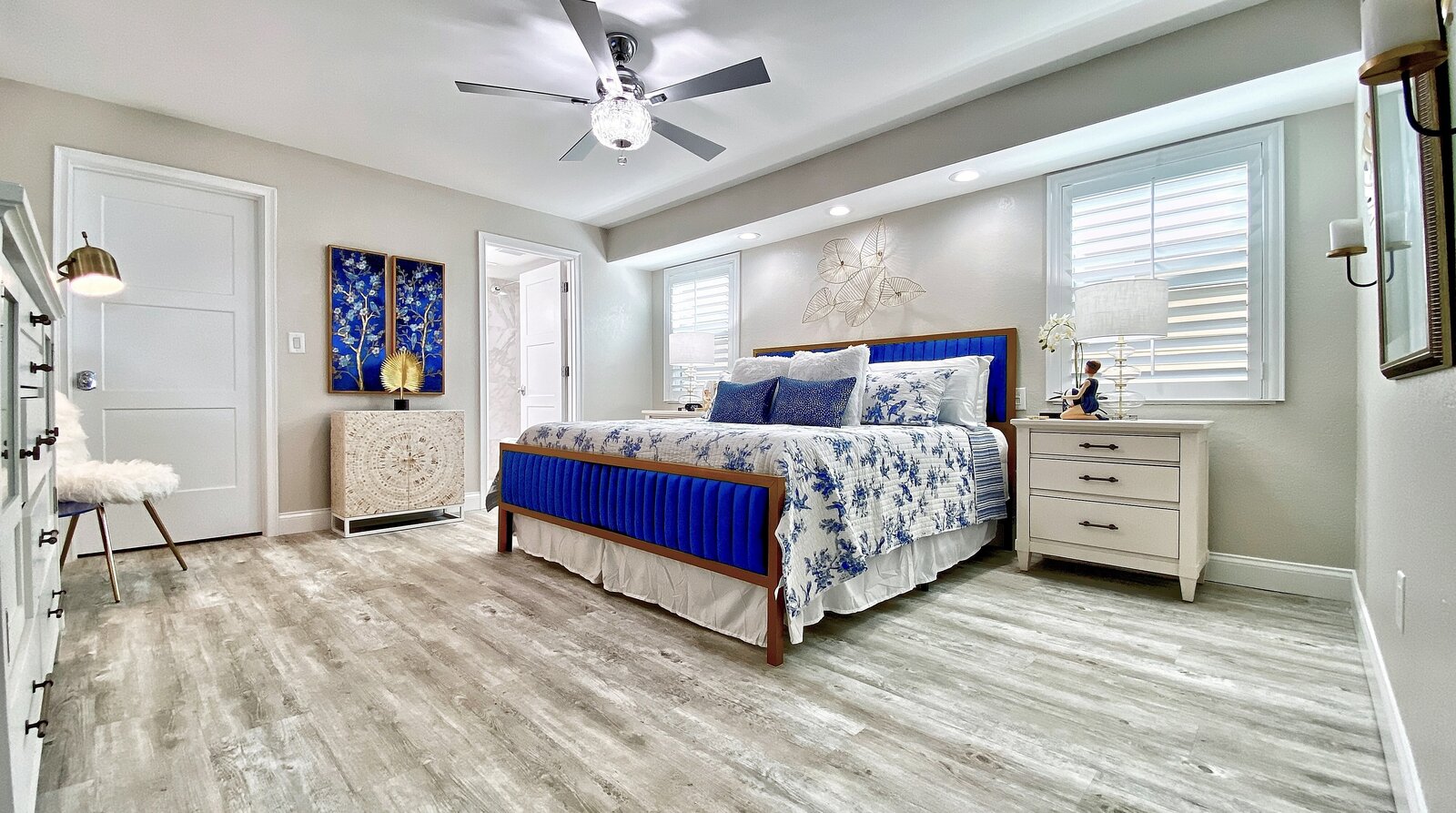 The master bedroom offers space and relaxation after a beach day.