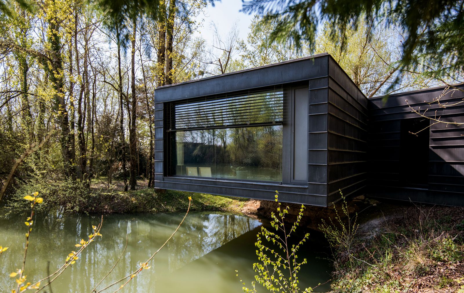 The house cantilevers over a pond.