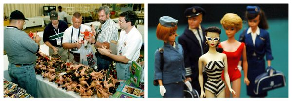 From left: The International G.I. Joe Collectors’ Convention in Washington, D.C., in 1999; Barbie dolls from the Ietje Raebel and Marina Collection at a Christie's London auction in 2006.