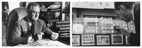 From left: U.S. President Franklin Delano Roosevelt, an avid stamp collector and member of the American Philatelic Society, working on his collection in the Oval Office; A visitor observes various stamp collections on display at the Milan Trade Fair of 1962.