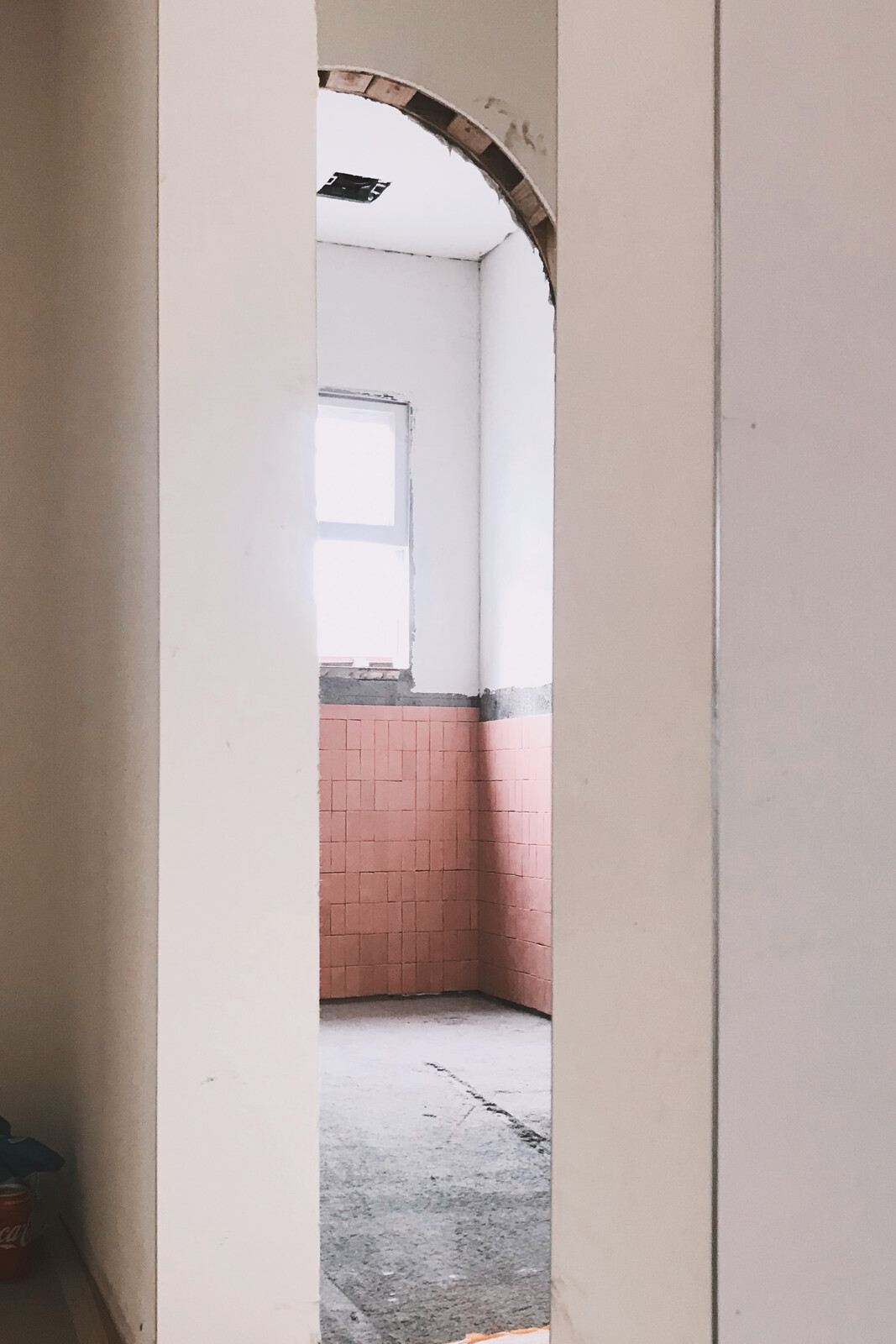 An in-progress shot of the newly added guest bathroom. Before the renovation, there was only one bathroom in the house, connected to the primary bedroom.