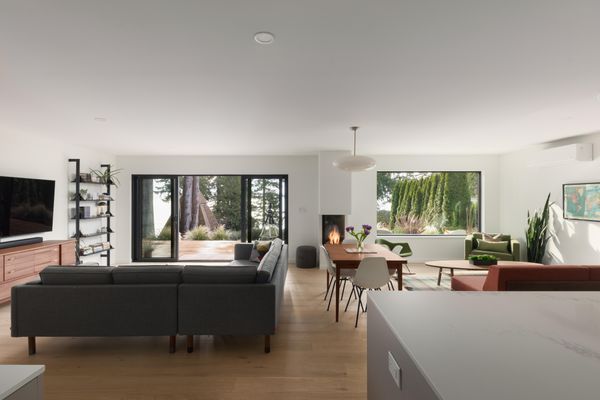 The room is heated in part thanks to a Bellfire fireplace.