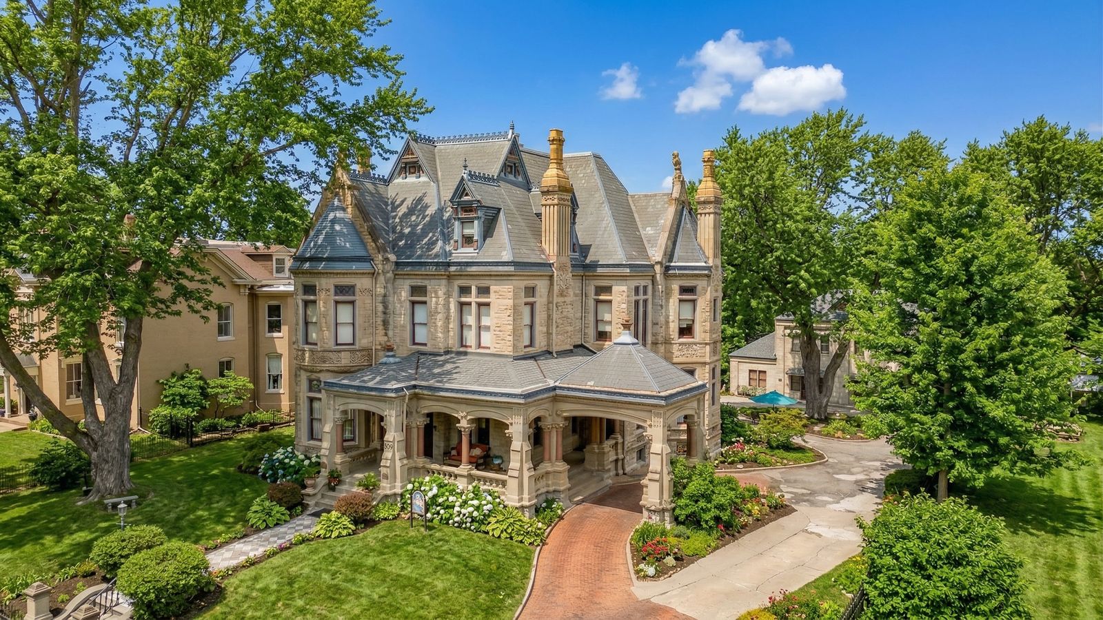 Originally built in 1885, this landmark property includes two residences and a carriage house embellished with ornate woodwork, stained glass windows, and encaustic tile.