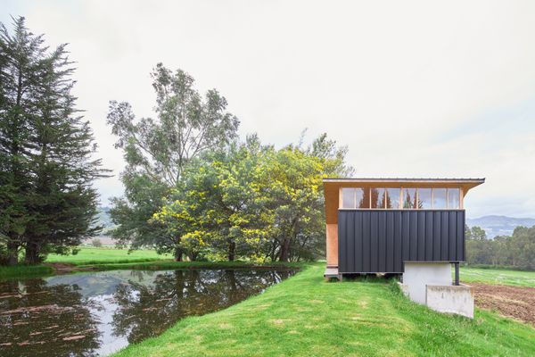 A row of clerestory windows bring additional light into the space.