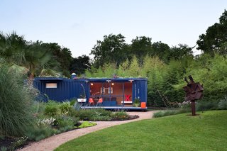 "Stacey hopes that we can use this as a prototype for a development of artists’ studios someday—we talked about maybe siting several of them together, like an old mobile home park." The steel sculpture is by San Antonio artist George Shroeder.