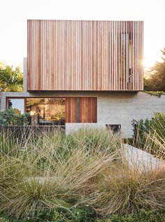 A landscape of native grasses designed by GSLA Studio complements the raw textures of the concrete-and-ipe front facade.