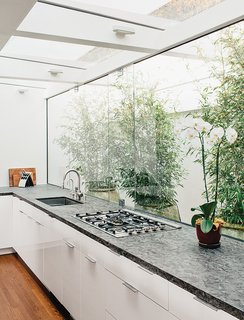 The new kitchen borrowed space and light from the original courtyard. The spirit of the courtyard remains with the buffer between the kitchen and the exterior wall. The cabinets are from Ikea, the countertops are quartzite, and the grill top is from Bertazzoni.