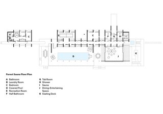 Forest Sauna Floor Plan<br><br>A Bathroom<br><br>B Laundry Room<br><br>C Bedroom<br><br>D Covered Pool<br><br>E Recreation Room<br><br>F Half Bathroom<br><br>G Tub Room<br><br>H Shower<br><br>I Sauna<br><br>J Dining-Entertaining Space<br><br>K Seating Deck